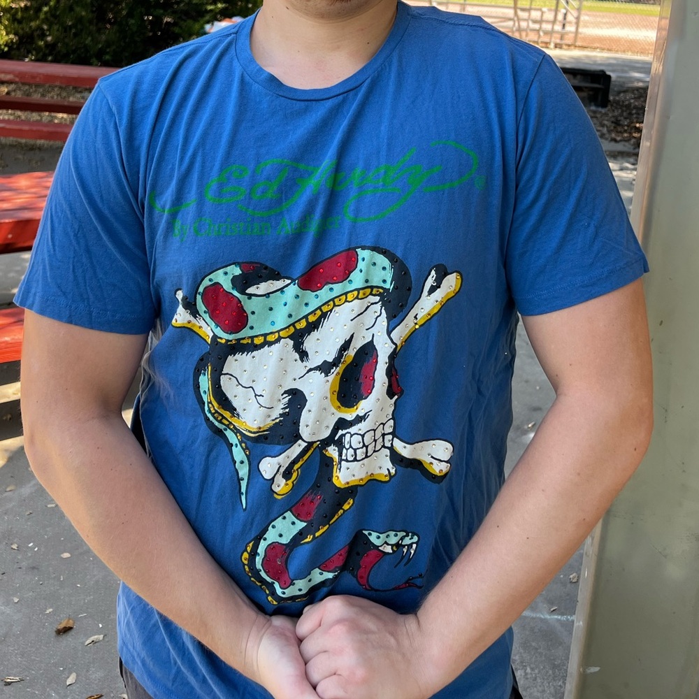 Don Ed Hardy Short Sleeve Tee in Turquoise Blue with Skull & Snake Graphics.